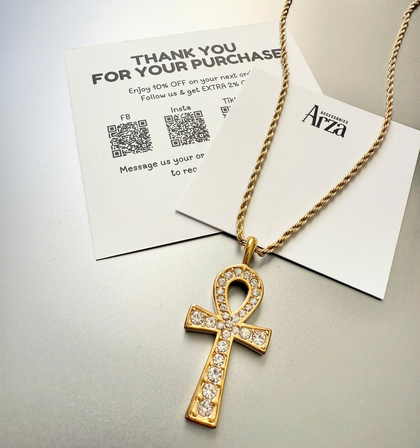 Gold-tone stainless steel necklace with crystal-studded Ankh cross pendant, 50cm chain + 5cm extension, waterproof and hypoallergenic, product code JDN2404024, weight 11.5g - 43