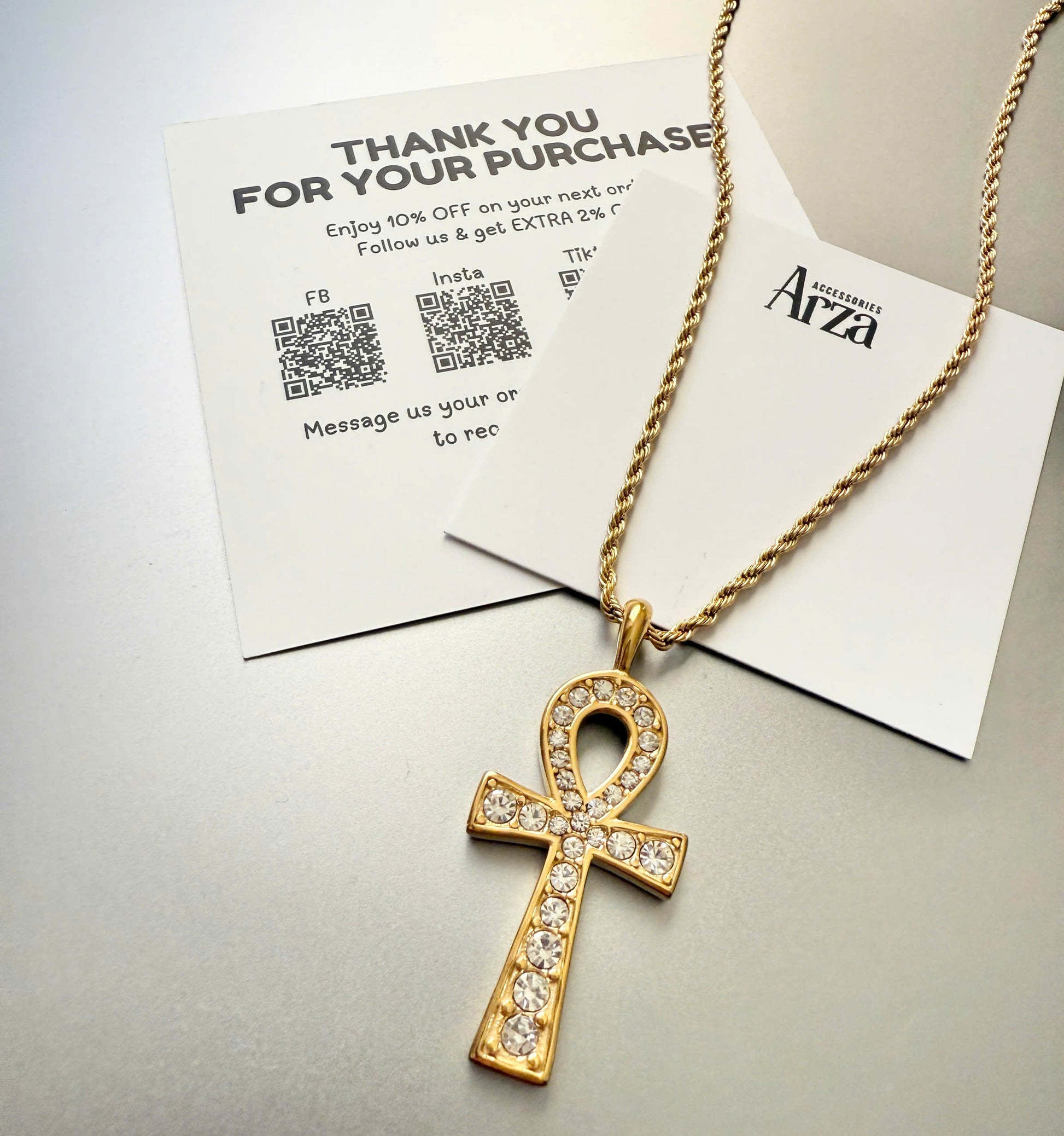 Gold-tone stainless steel necklace with crystal-studded Ankh cross pendant, 50cm chain + 5cm extension, waterproof and hypoallergenic, product code JDN2404024, weight 11.5g - 43