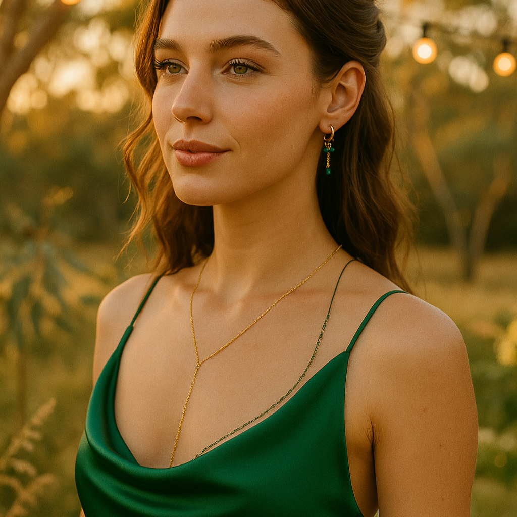 Gold dangle earrings with green bead for women, hypoallergenic stainless steel, lightweight casual jewelry 18