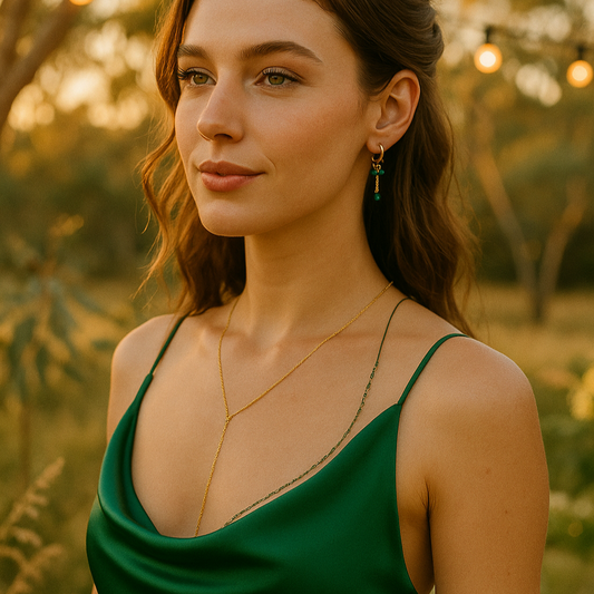 Gold dangle earrings with green bead for women, hypoallergenic stainless steel, lightweight casual jewelry 18