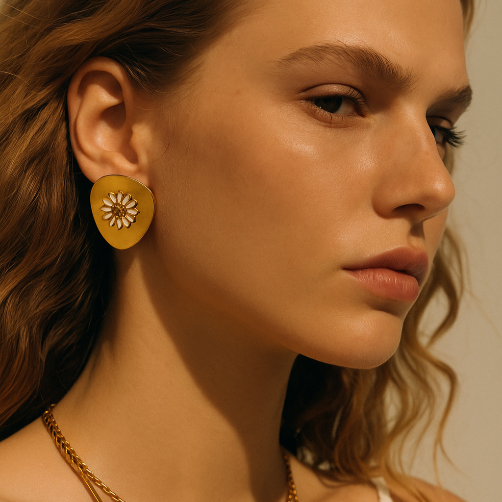 Glamorous white daisy gold-tone floral statement earrings (2.78cm) by Arza Accessories - perfect evening and party jewelry 52