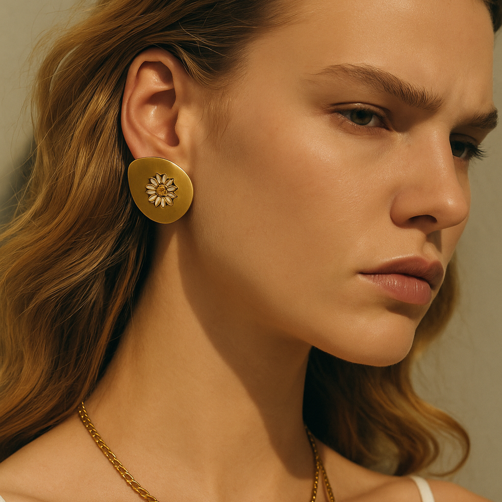 Glamorous white daisy gold-tone floral statement earrings (2.78cm) by Arza Accessories - perfect evening and party jewelry 5
