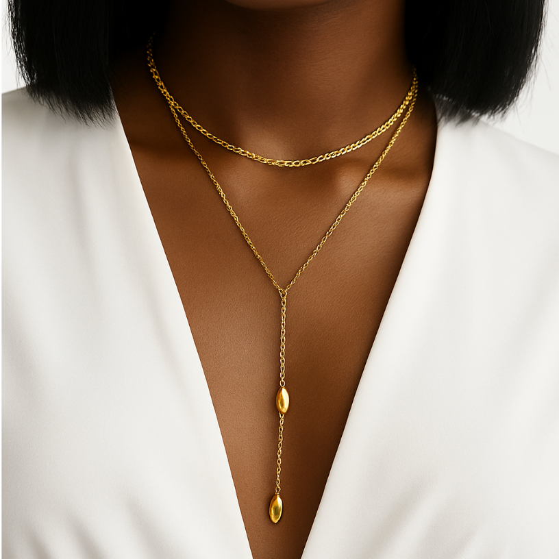 Thin gold adjustable chain necklace (110cm length, 0.8cm width) shown in layered styling 33