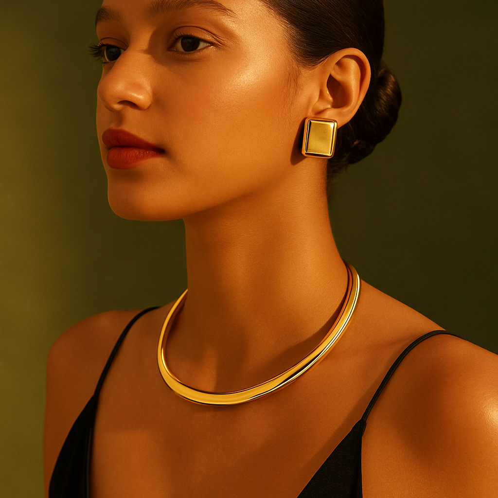 Close-up view of Arza's two-tone adjustable choker necklace showing gold and silver stainless steel links (11.4cm circumference) - 34