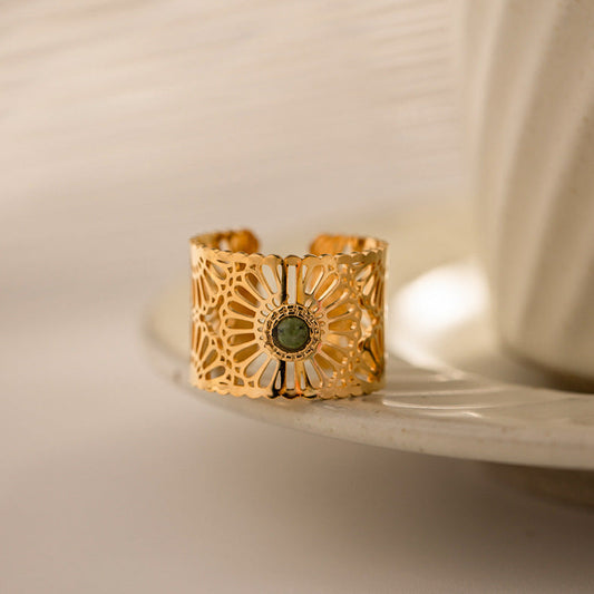 Adjustable hypoallergenic ring with green stone, showcasing delicate and lightweight design-7