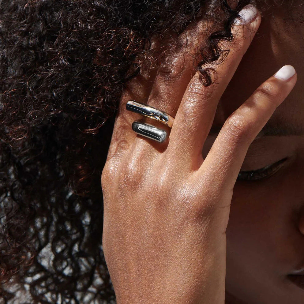 Adjustable thin gold and silver minimalist stackable ring (2.5cm band) by Arza Accessories, perfect for everyday layering and elegant styling 2