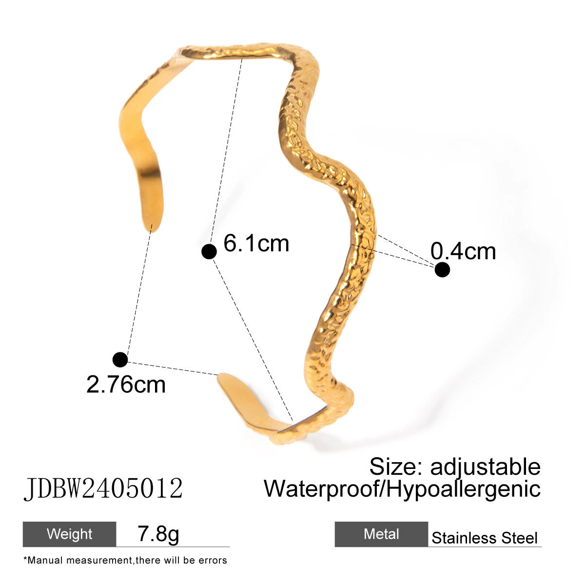 Gold wavy adjustable bracelet (6.1cm diameter, 0.4cm width) shown on wrist5