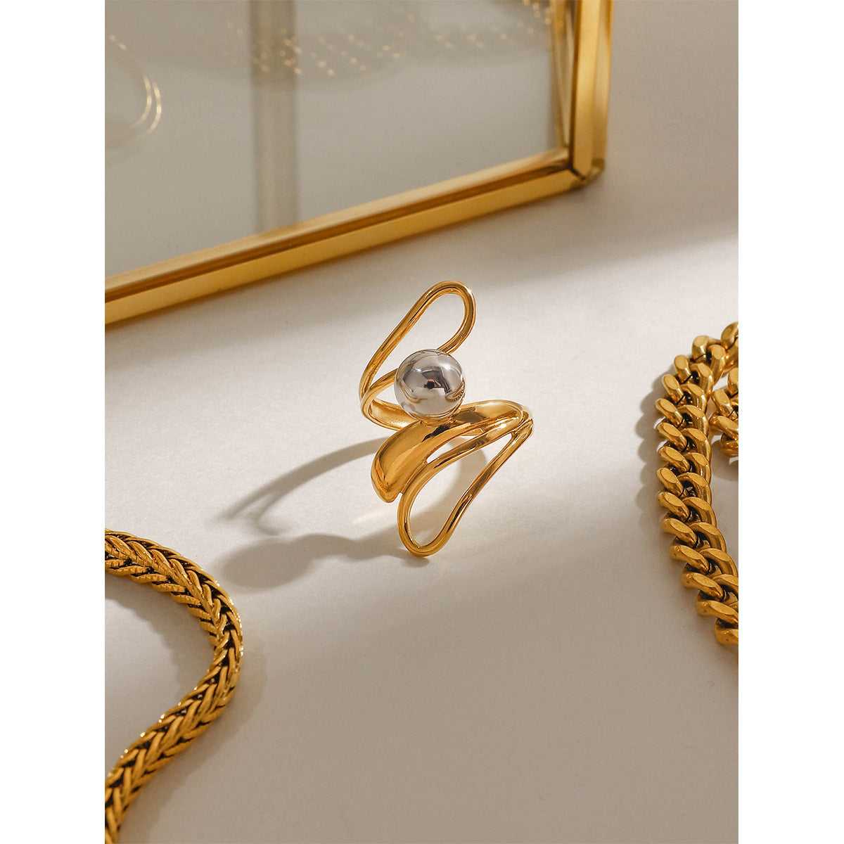Chunky gold ring with gray pearl inlay, adjustable hypoallergenic statement jewelry for women-2
