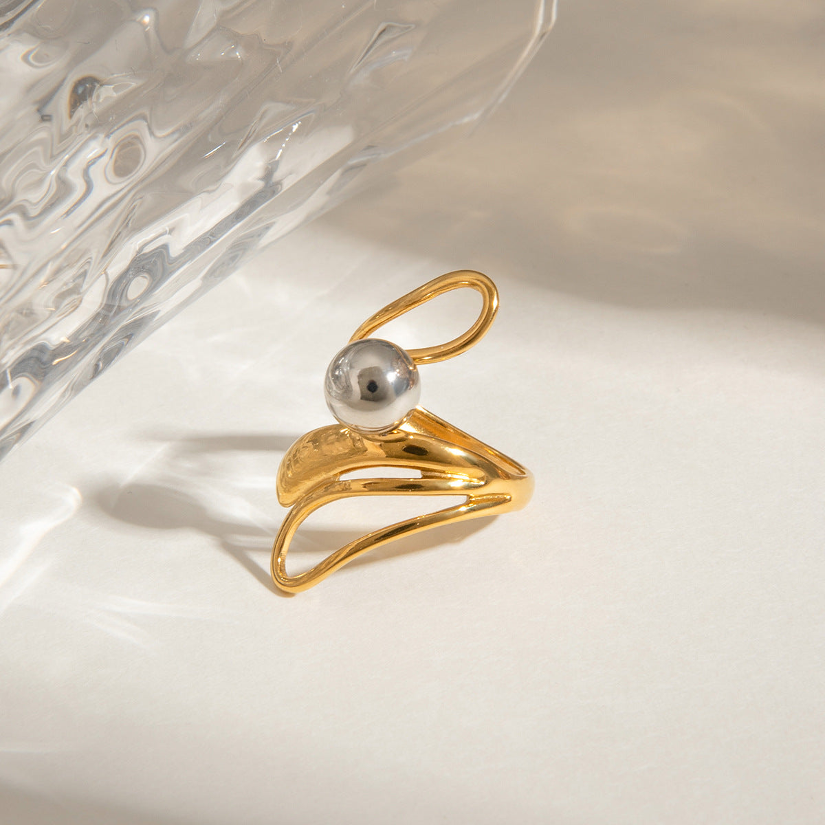 Chunky gold ring with gray pearl inlay, adjustable hypoallergenic statement jewelry for women-3