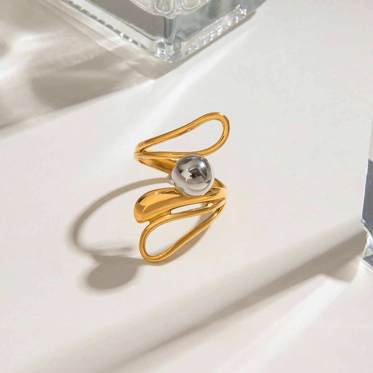 Chunky gold ring with gray pearl inlay, adjustable hypoallergenic statement jewelry for women-5