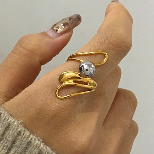 Chunky gold ring with gray pearl inlay, adjustable hypoallergenic statement jewelry for women-1