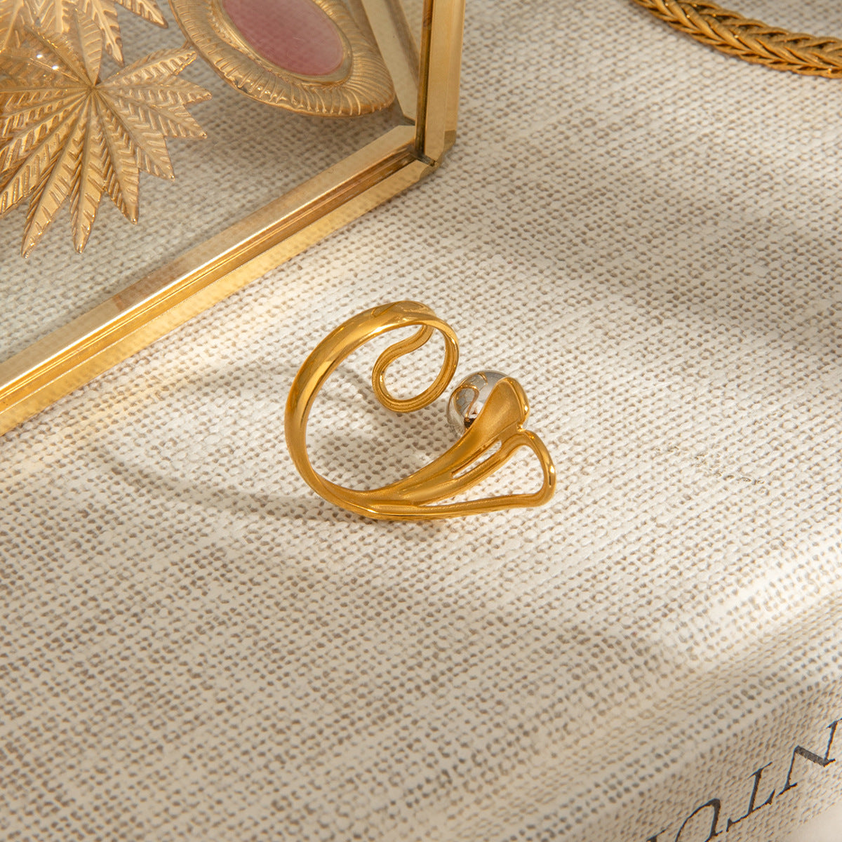 Chunky gold ring with gray pearl inlay, adjustable hypoallergenic statement jewelry for women-7