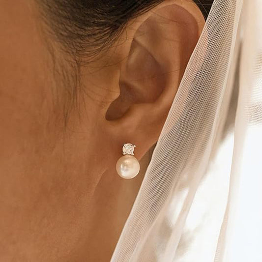 Gold-tone stainless steel pearl stud earrings, 1.4cm diameter with 0.99cm pearl, waterproof and hypoallergenic 1