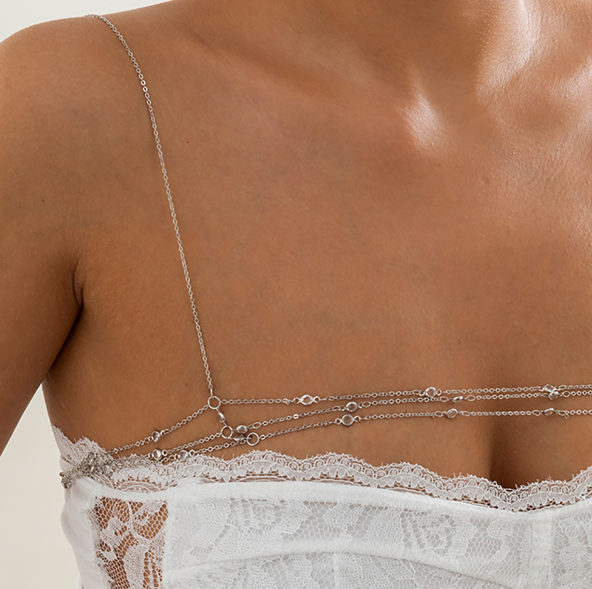 Woman wearing delicate gold and silver body chain over lace bustier – minimalist everyday jewelry for women in Australia-8