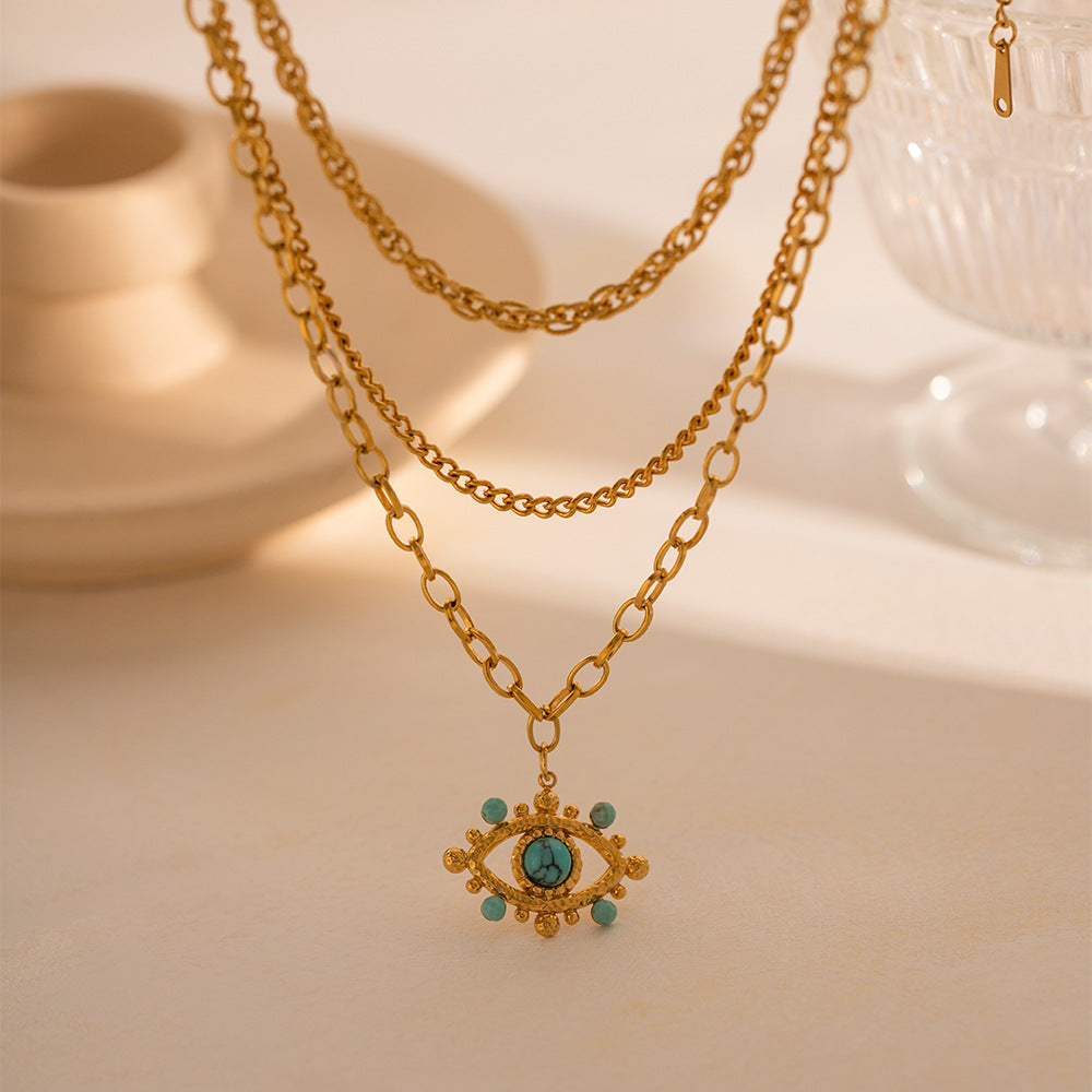 bohemian gold necklace set showing three adjustable chains (0.38cm, 0.3cm, 0.4cm widths) with 42-51cm lengths 2