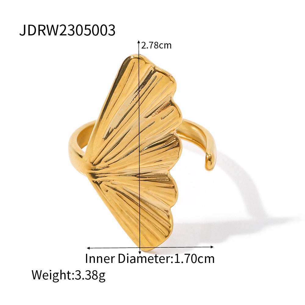 Adjustable gold statement ring featuring bold ginkgo leaf design - botanical-inspired everyday jewelry (3.38g)-2