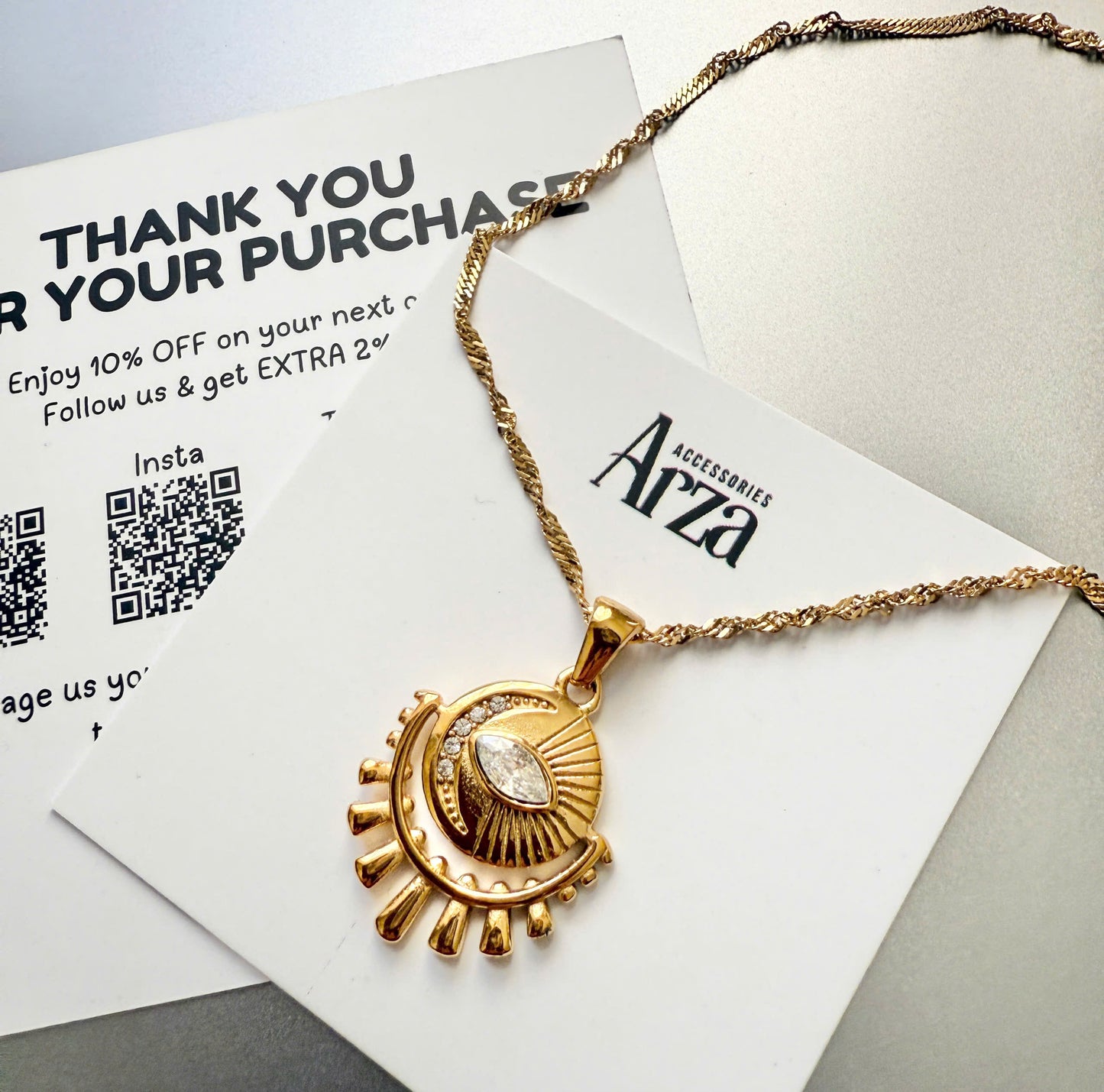 Gold Tone Sun Pendant Necklace for Women - Trendy Stainless Steel Layered Chain Jewelry, Lightweight 6.5g Adjustable 41cm+5.5cm Length _ Arza Accessories
