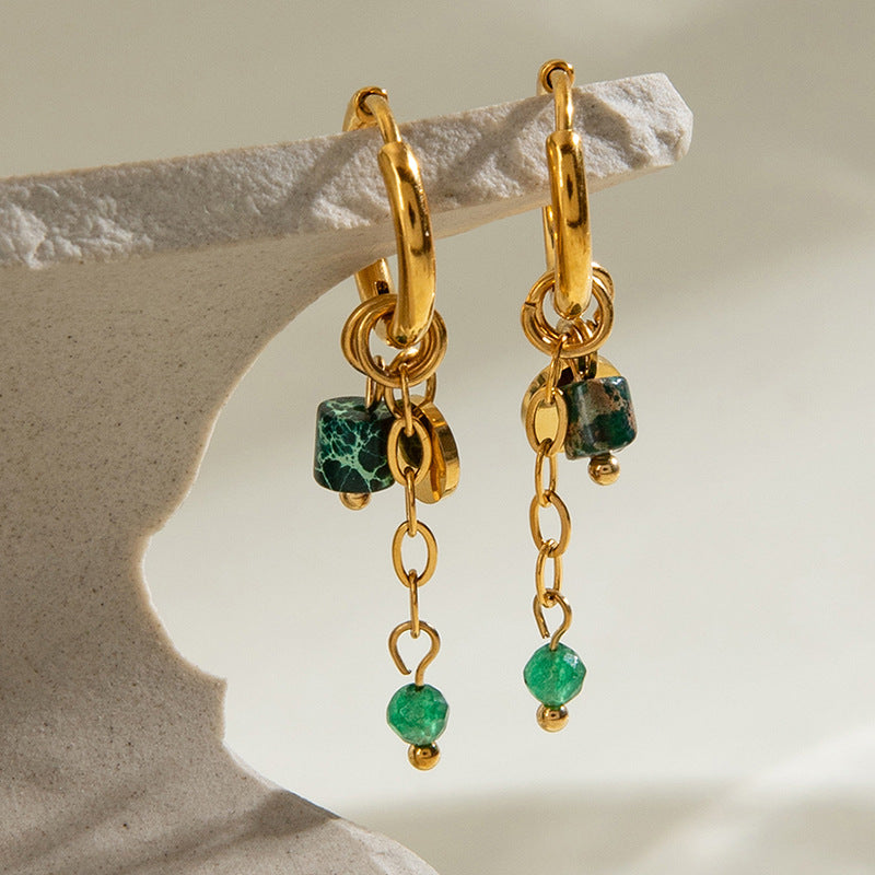 Gold dangle earrings with green bead for women, hypoallergenic stainless steel, lightweight casual jewelry 1