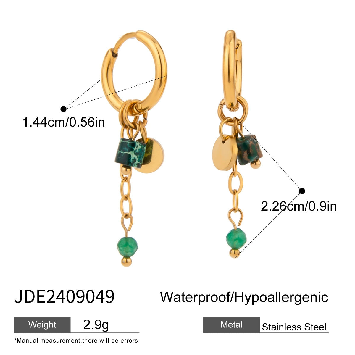 Gold dangle earrings with green bead for women, hypoallergenic stainless steel, lightweight casual jewelry 11