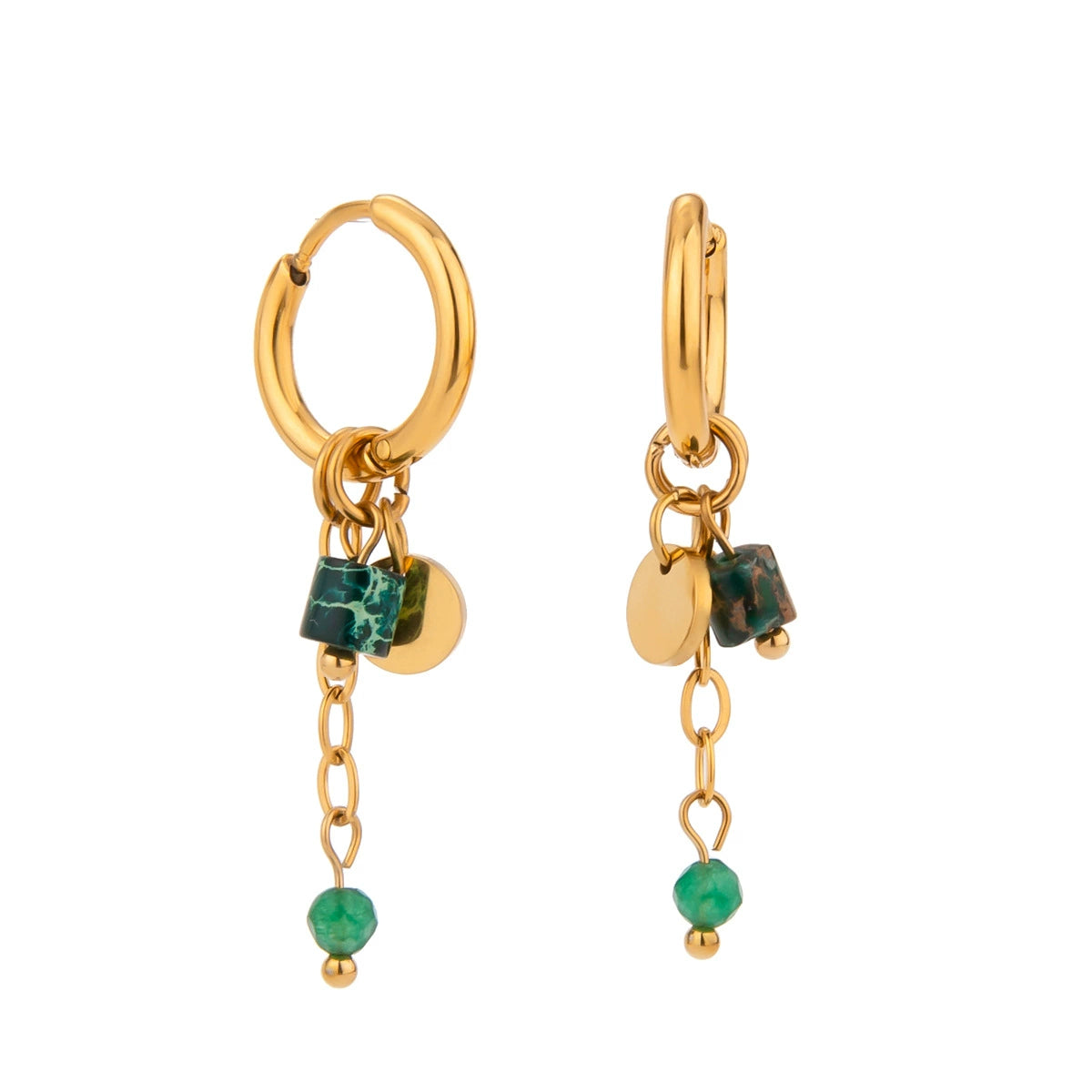 Gold dangle earrings with green bead for women, hypoallergenic stainless steel, lightweight casual jewelry 2