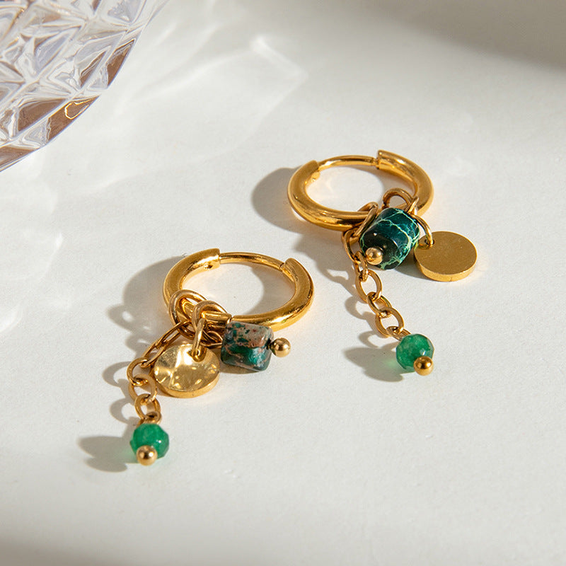 Gold dangle earrings with green bead for women, hypoallergenic stainless steel, lightweight casual jewelry 3