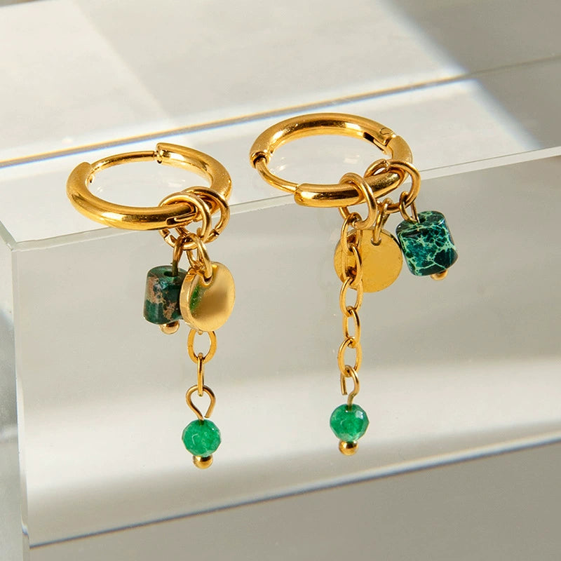 Gold dangle earrings with green bead for women, hypoallergenic stainless steel, lightweight casual jewelry 4