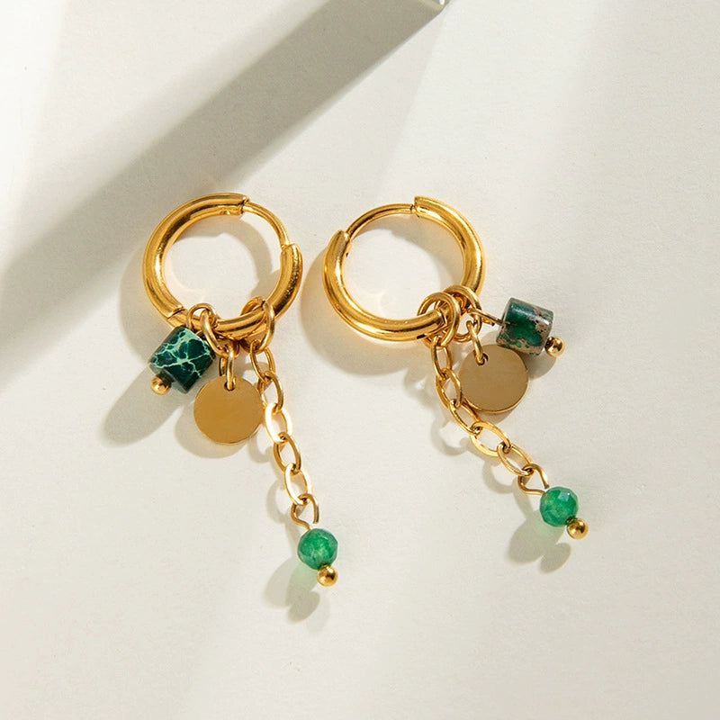 Gold dangle earrings with green bead for women, hypoallergenic stainless steel, lightweight casual jewelry 5