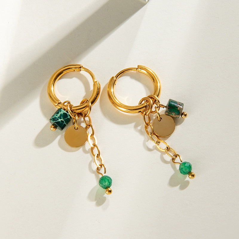 Gold dangle earrings with green bead for women, hypoallergenic stainless steel, lightweight casual jewelry 9
