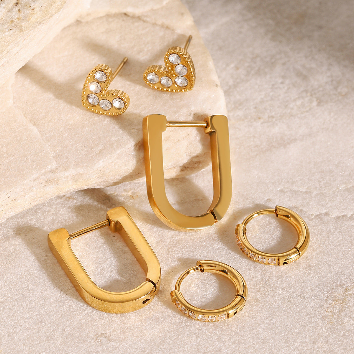 Gold hoop earrings with white heart gemstone – trendy everyday wear for women | Arza Accessories 4