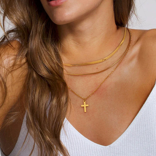 Gold cross pendant necklace shown at three adjustable lengths (15.7-17.7in) with 11.8g stainless steel chain 1