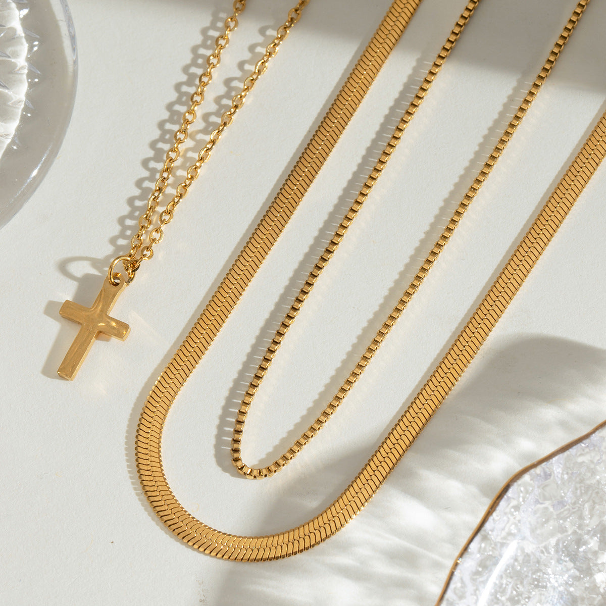 Gold cross pendant necklace shown at three adjustable lengths (15.7-17.7in) with 11.8g stainless steel chain 3