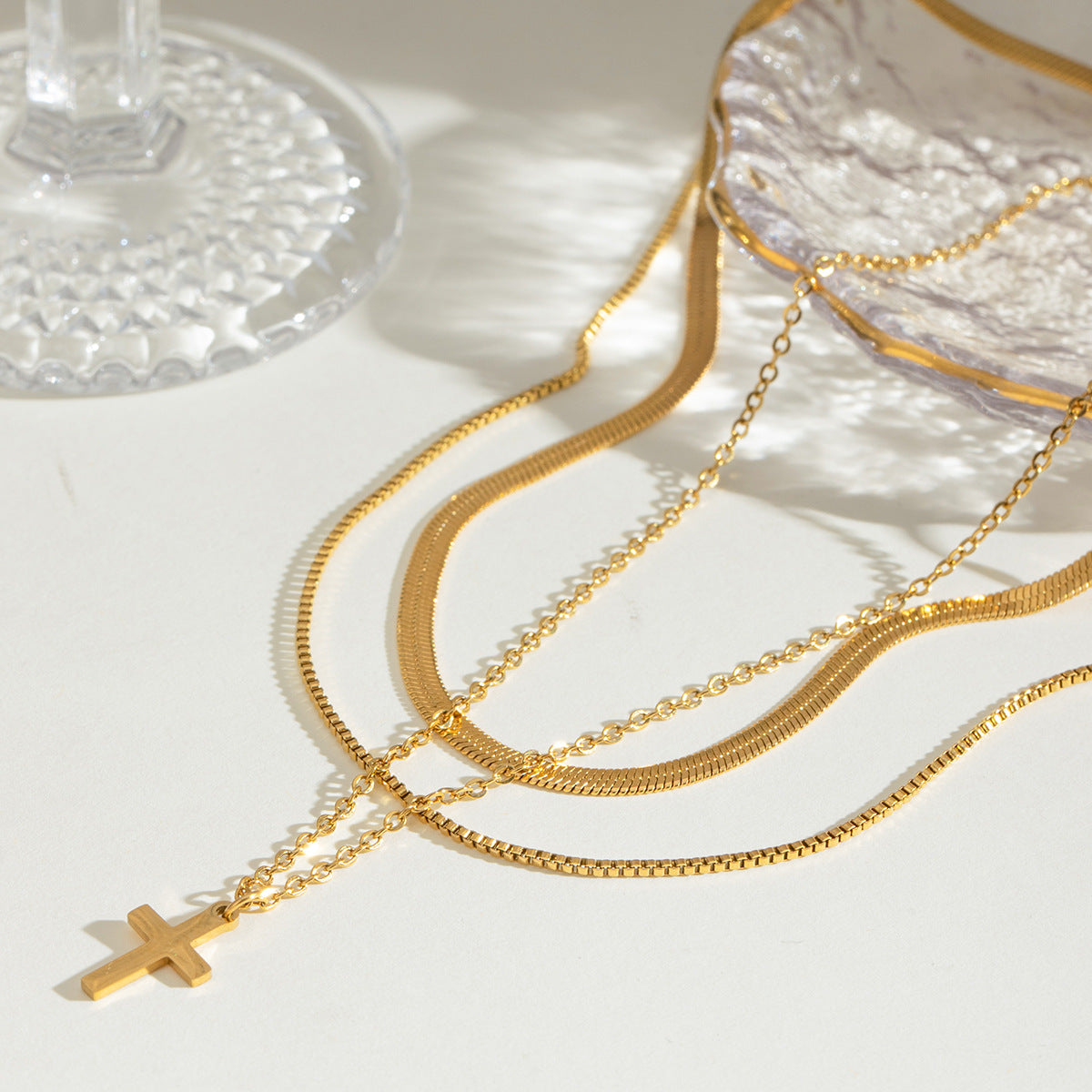 Gold cross pendant necklace shown at three adjustable lengths (15.7-17.7in) with 11.8g stainless steel chain 4
