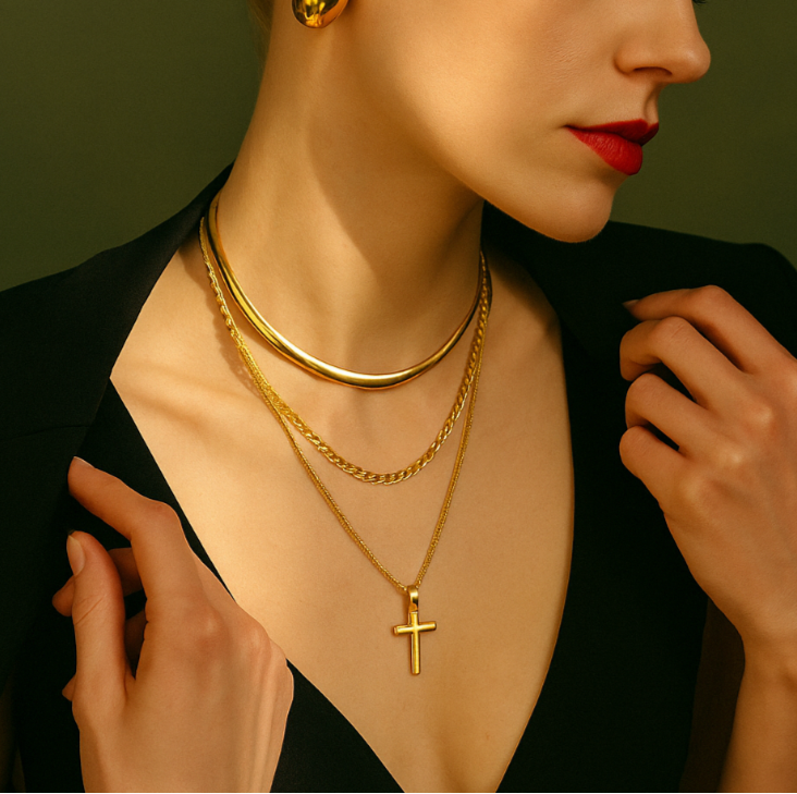 Gold cross pendant necklace shown at three adjustable lengths (15.7-17.7in) with 11.8g stainless steel chain 1