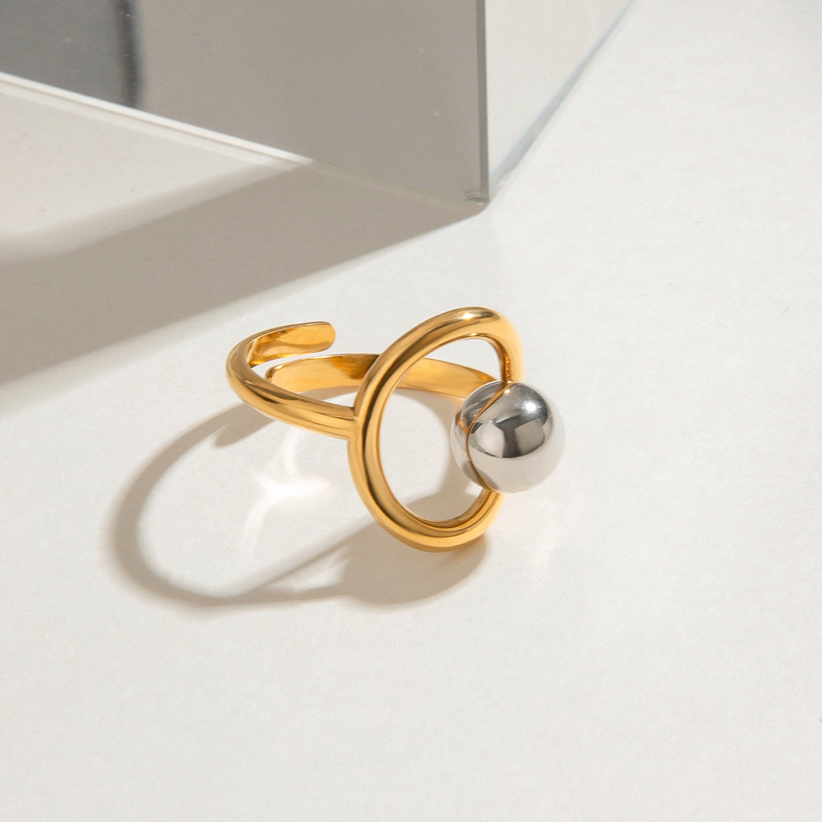 Adjustable gold statement ring with gray pearl inlay - bold waterproof jewelry for parties & everyday wear (5.3g)-8