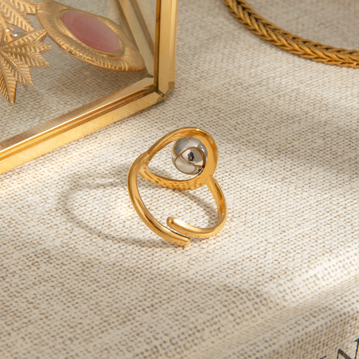Adjustable gold statement ring with gray pearl inlay - bold waterproof jewelry for parties & everyday wear (5.3g)-7