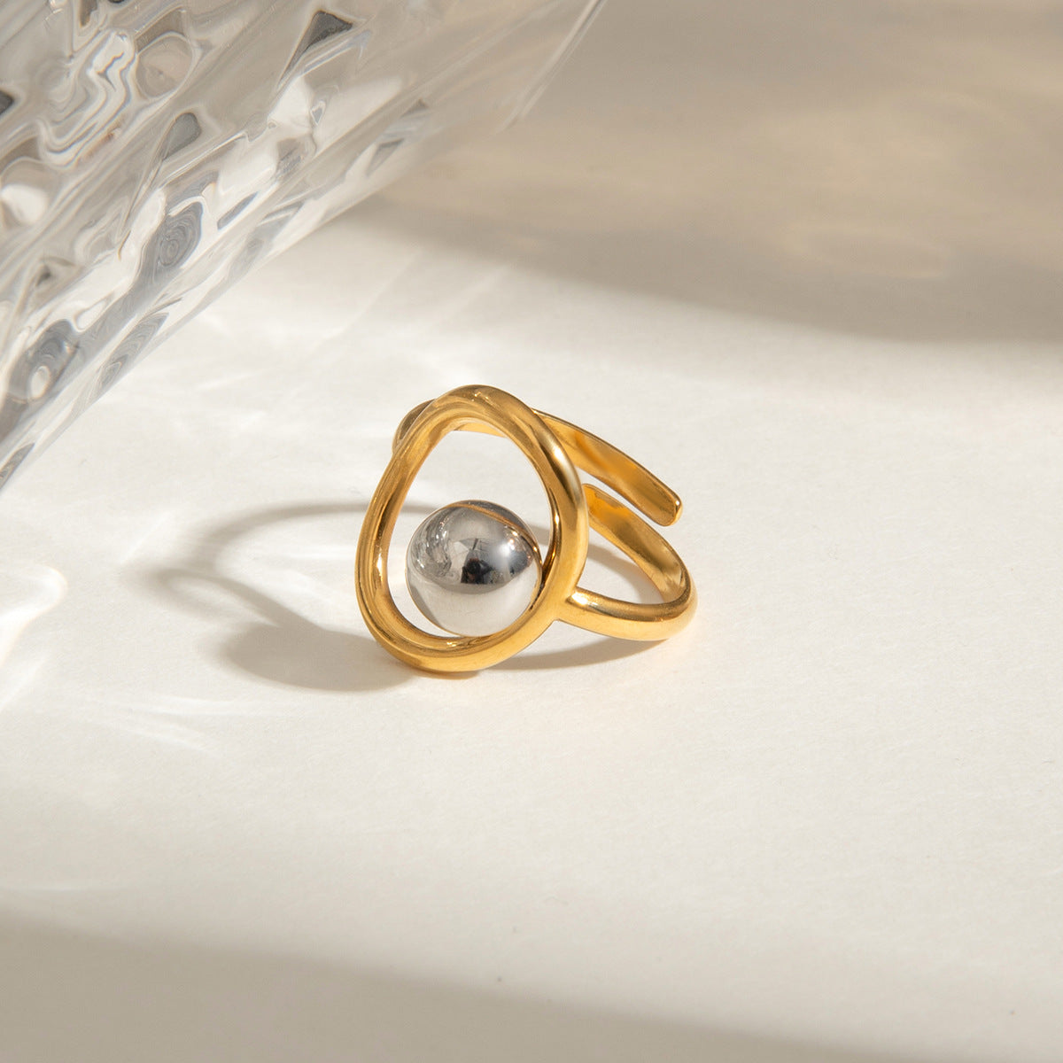 Adjustable gold statement ring with gray pearl inlay - bold waterproof jewelry for parties & everyday wear (5.3g)-6