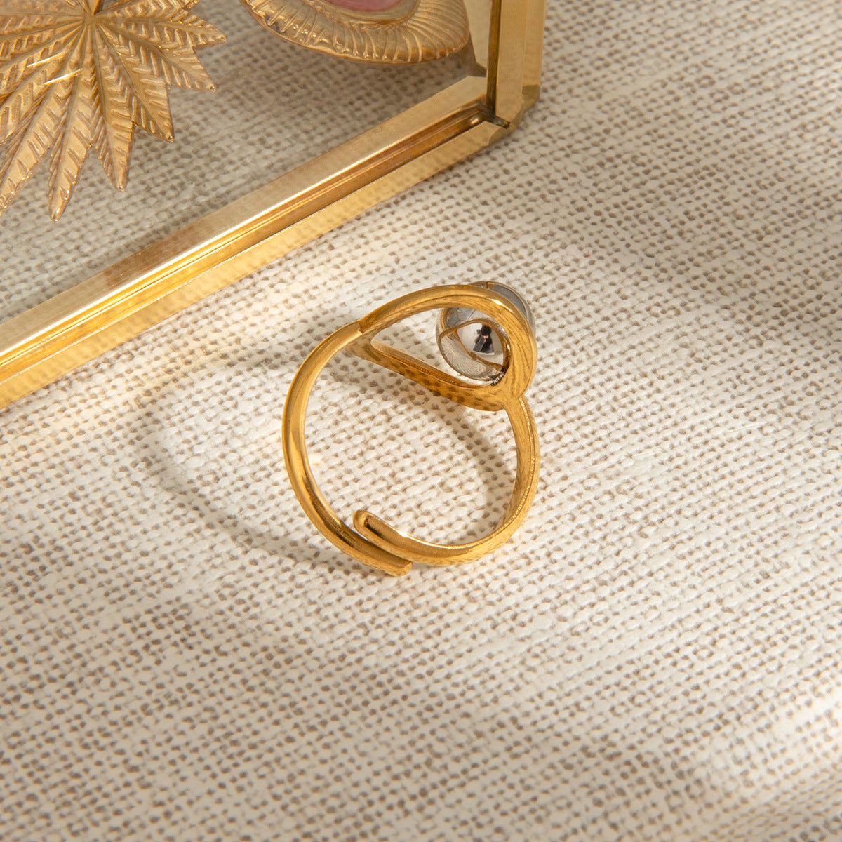 Adjustable gold statement ring with gray pearl inlay - bold waterproof jewelry for parties & everyday wear (5.3g)-5