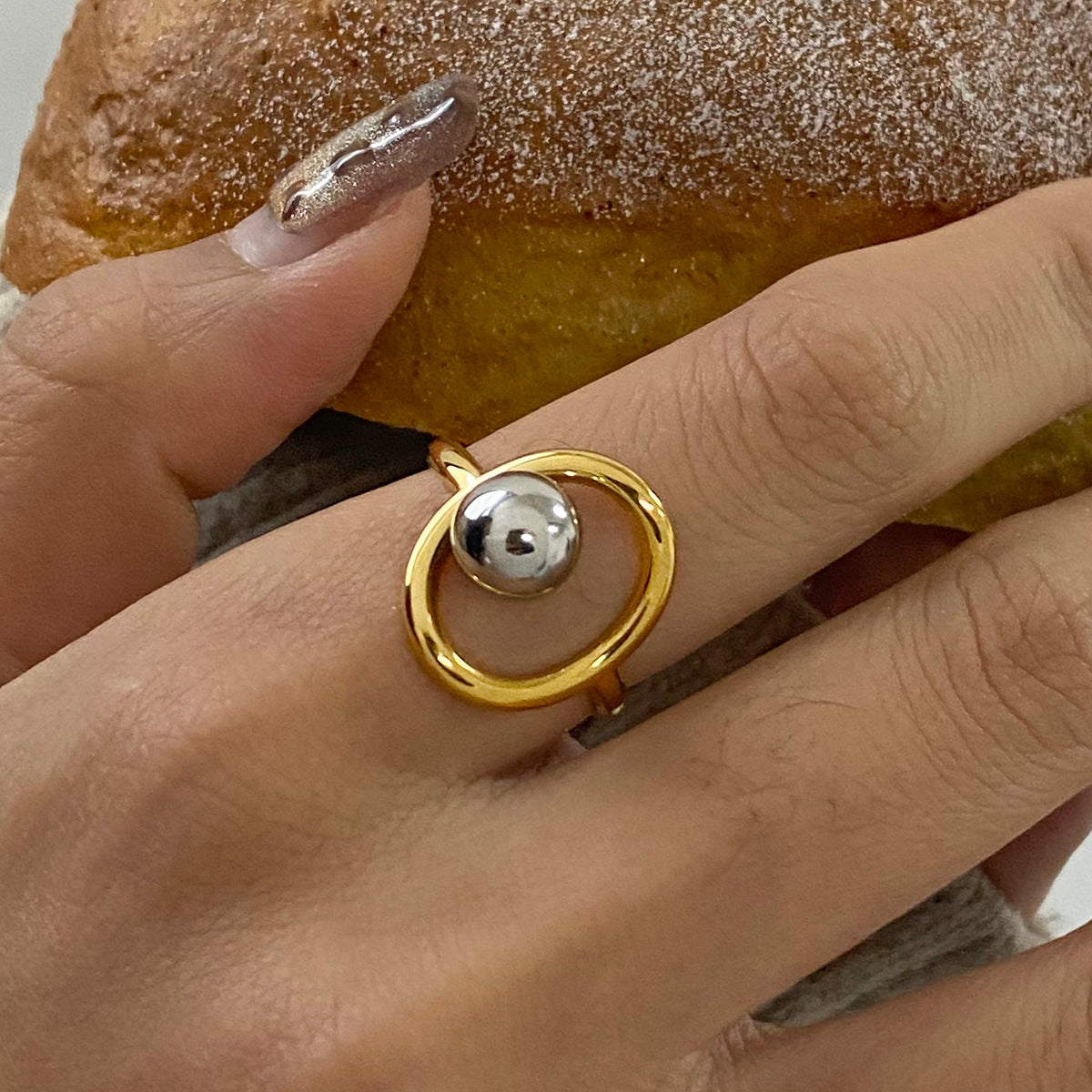 Adjustable gold statement ring with gray pearl inlay - bold waterproof jewelry for parties & everyday wear (5.3g)-1