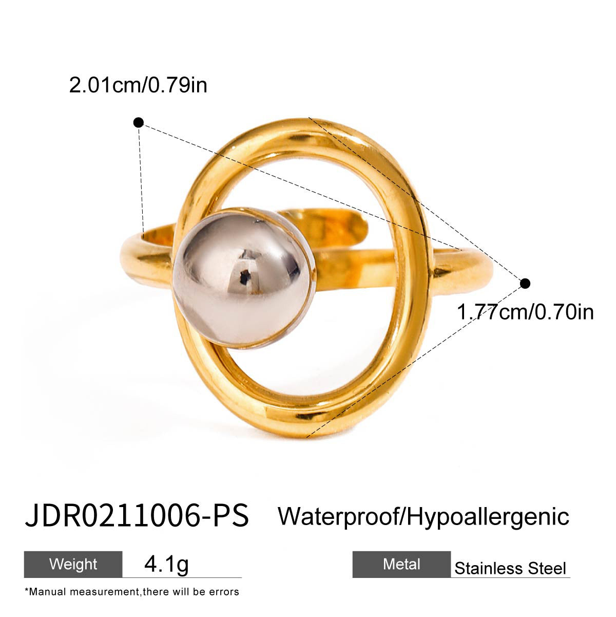 Adjustable gold statement ring with gray pearl inlay - bold waterproof jewelry for parties & everyday wear (5.3g)-3