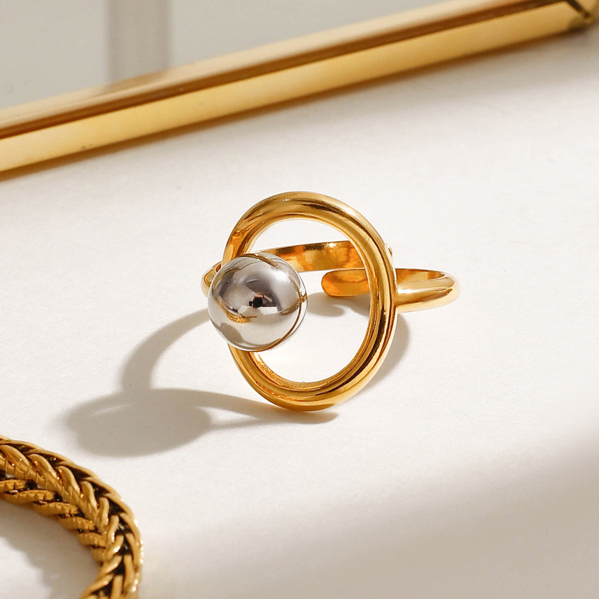 Adjustable gold statement ring with gray pearl inlay - bold waterproof jewelry for parties & everyday wear (5.3g)-4