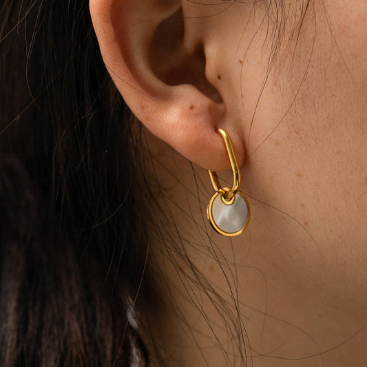 Gold round mother-of-pearl dangle earrings (3.43cm) - trendy jewelry for women 1