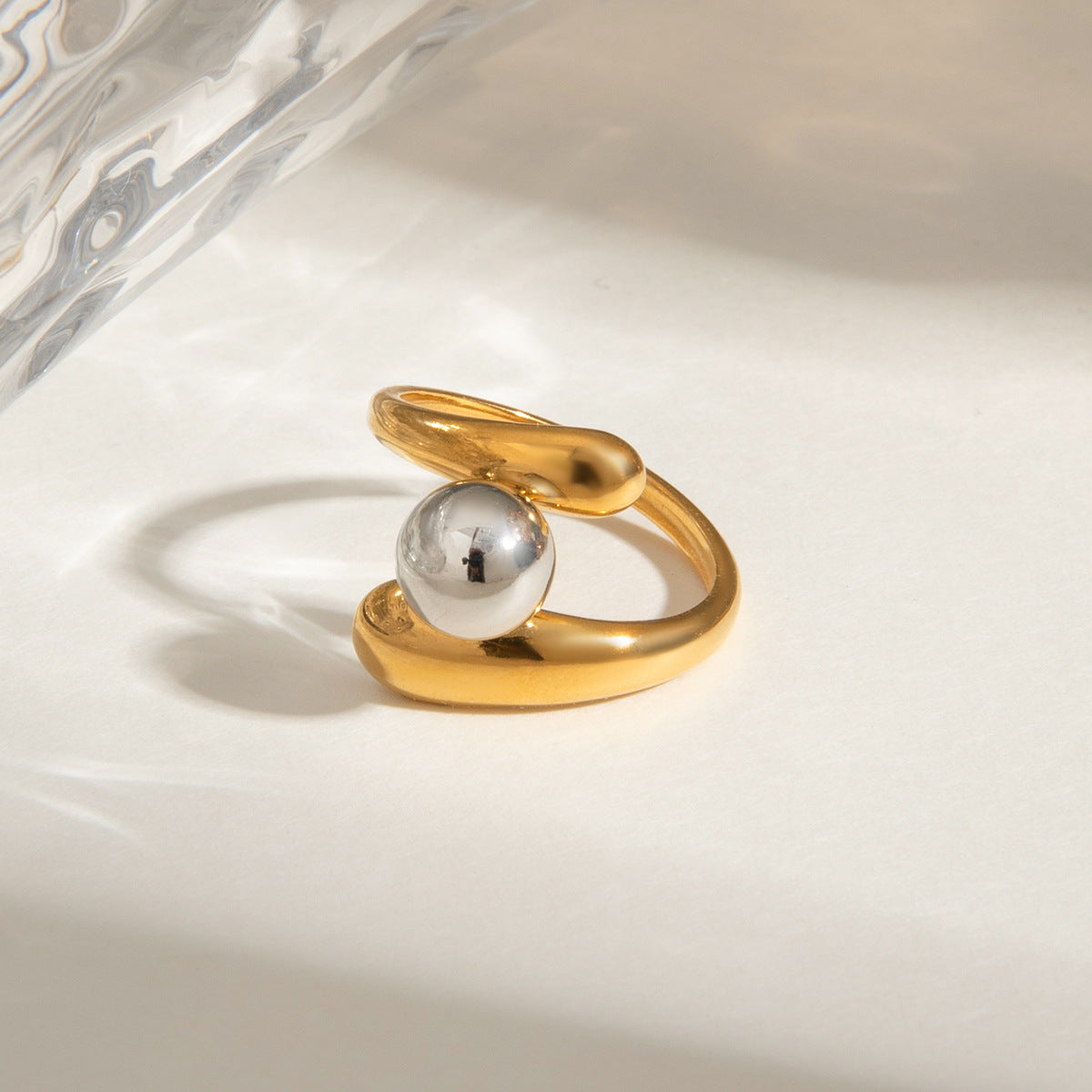 Adjustable gold statement ring with gray pearl inlay - chunky waterproof jewelry for women (4.7g)-8