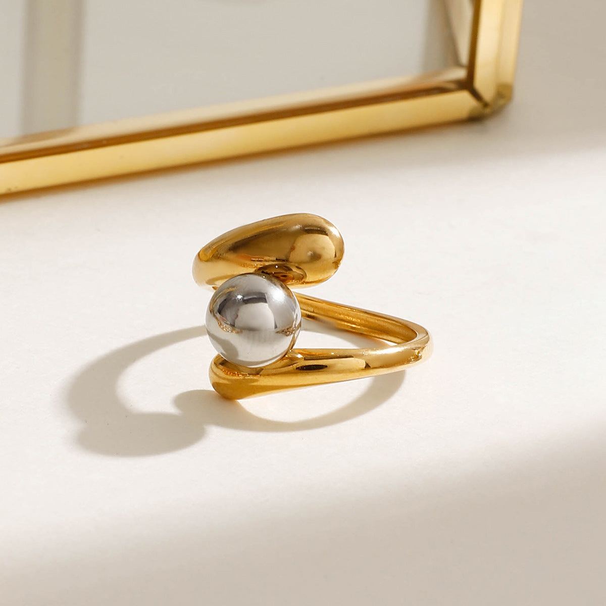 Adjustable gold statement ring with gray pearl inlay - chunky waterproof jewelry for women (4.7g)-6