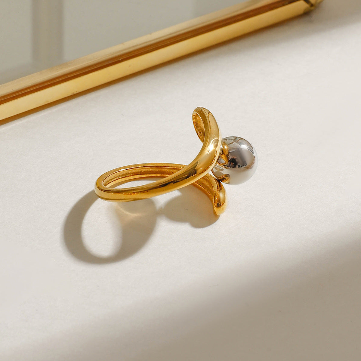 Adjustable gold statement ring with gray pearl inlay - chunky waterproof jewelry for women (4.7g)-5