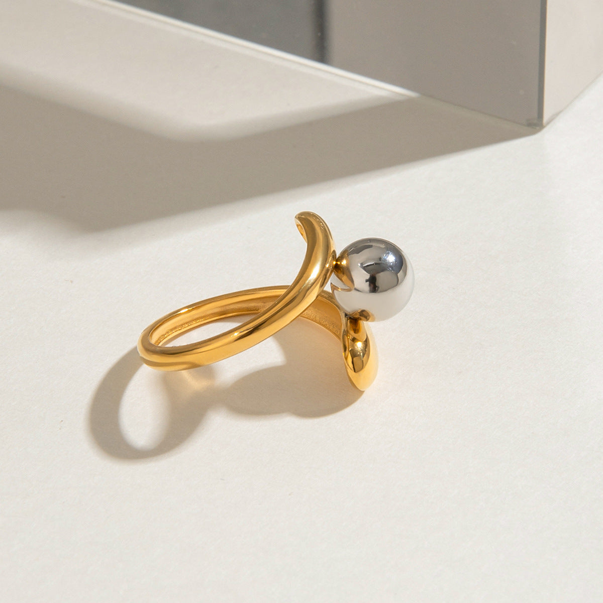Adjustable gold statement ring with gray pearl inlay - chunky waterproof jewelry for women (4.7g)-4