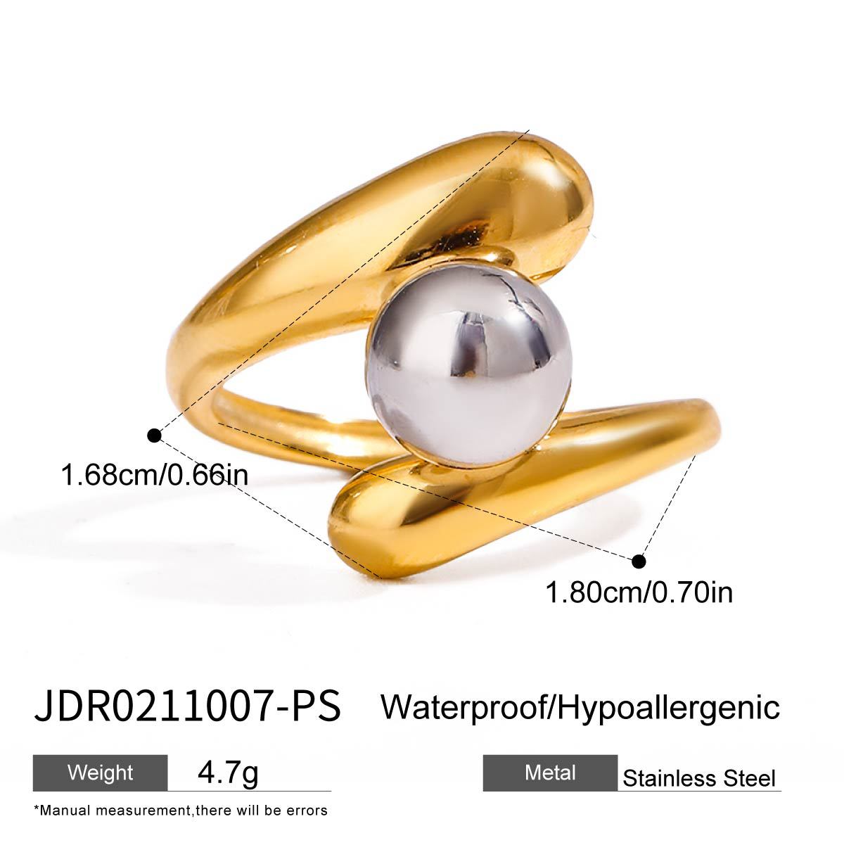 Adjustable gold statement ring with gray pearl inlay - chunky waterproof jewelry for women (4.7g)-3