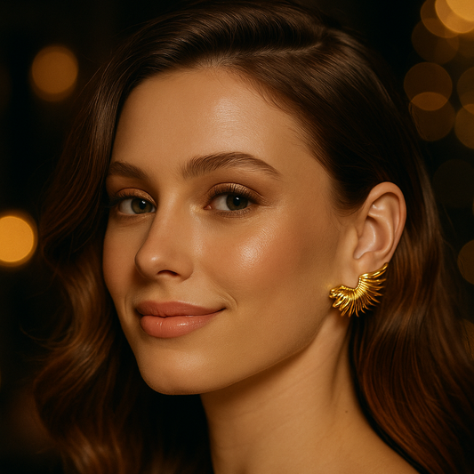 Gold half-sun stud earrings for women, hypoallergenic stainless steel, lightweight casual and party wear. 59