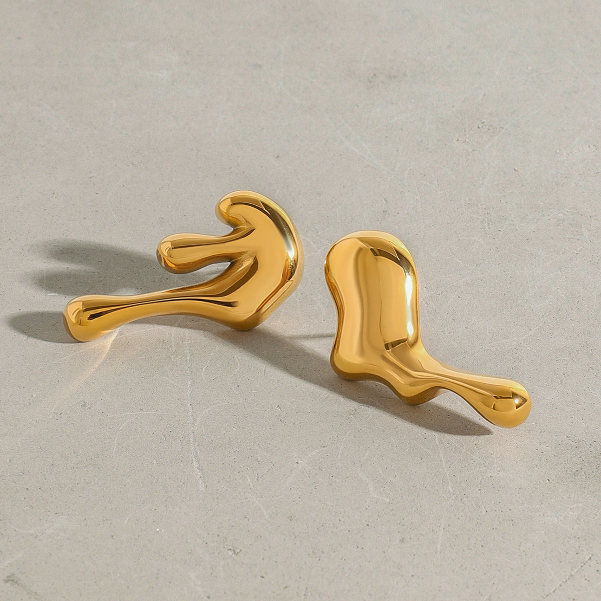 Gold-tone stainless steel asymmetrical huggie earrings, 3.43cm with 2.04cm drop, modern everyday jewelry 7