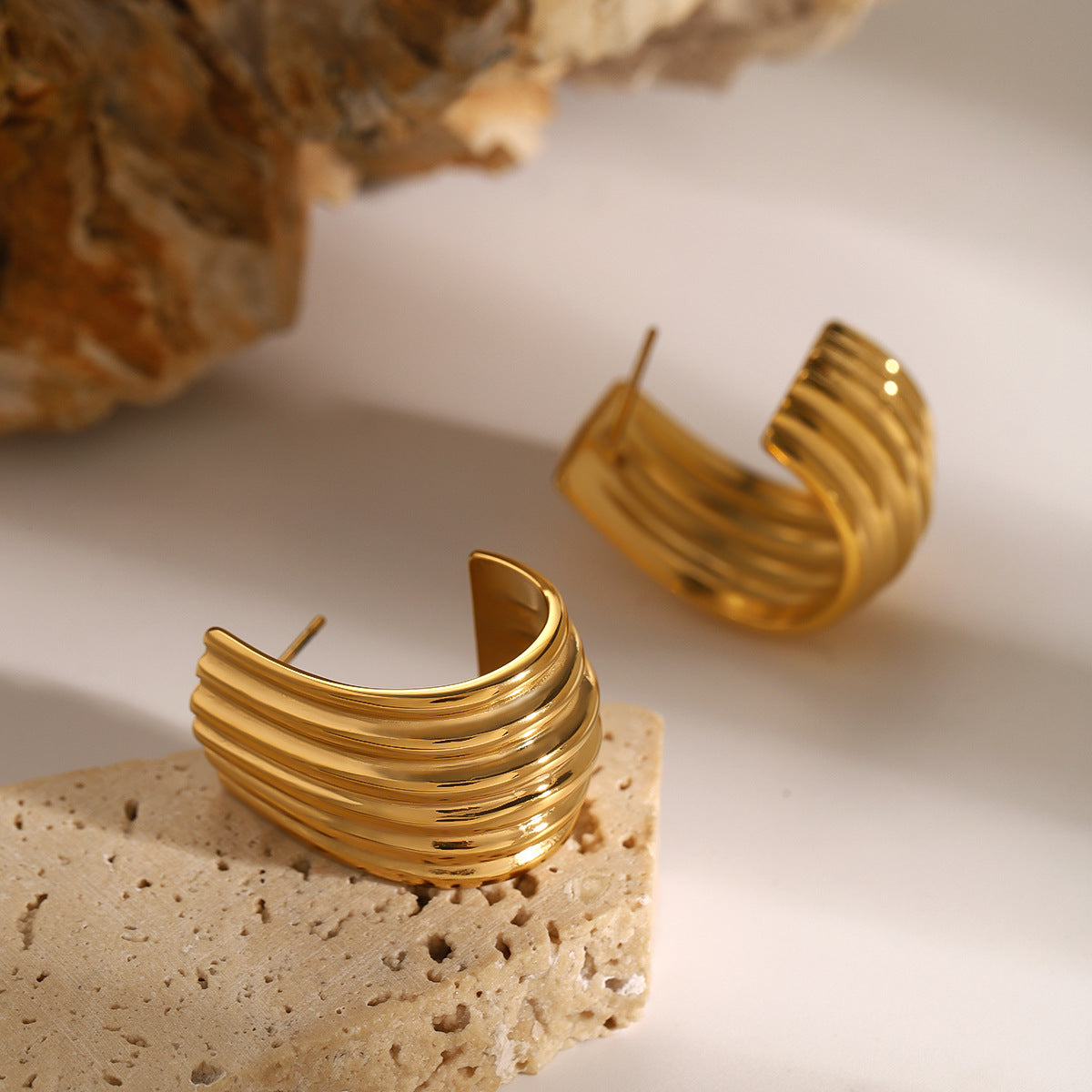 Gold-tone stainless steel geometric statement earrings, 2.76cm, lightweight and hypoallergenic. 2