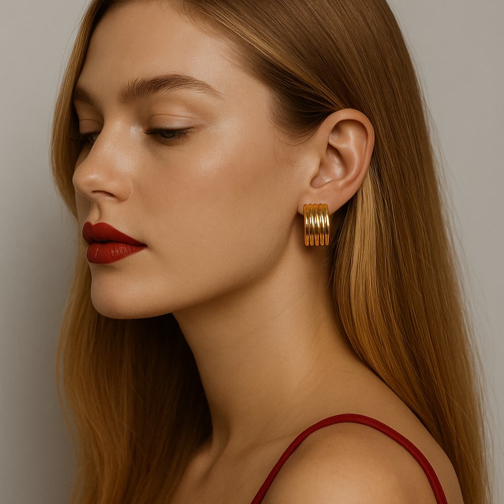 Gold-tone stainless steel geometric statement earrings, 2.76cm, lightweight and hypoallergenic. 6